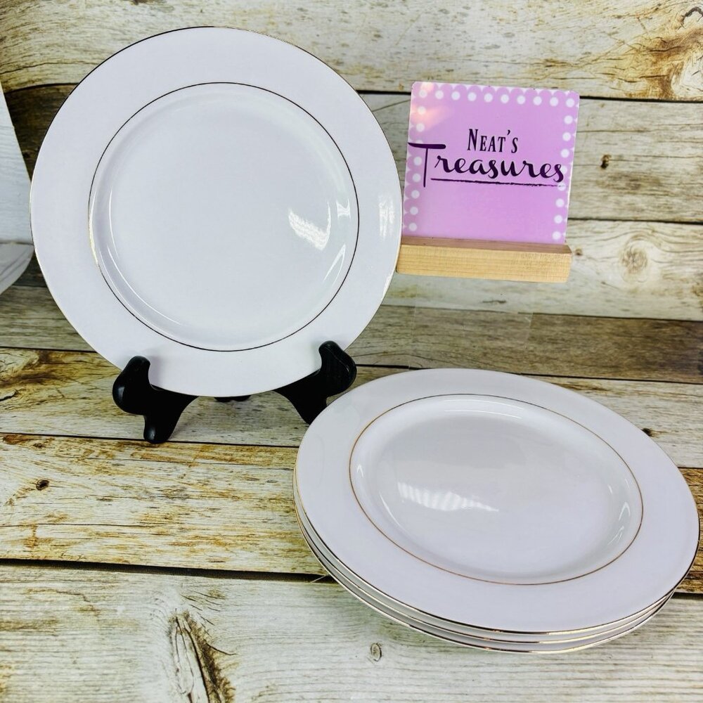 Vintage Kmart ELEGANT GOLD White Gold Trim Rim Porcelain Salad Plates Set of 4